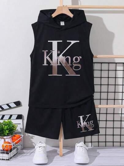 SHEIN Bộ đồ 2 mảnh dành cho bé trai tuổi teen, dáng rộng, in chữ "King" màu đen, gồm áo hoodie và quần short, thích hợp đi làm, đi học, mặc thường ngày, chơi thể thao, mùa xuân/hè.