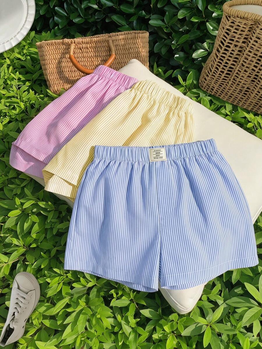 SHEIN 青少年女孩休閒日常百搭舒適寬鬆條紋短褲三件組 - 彩色 - 查看 1