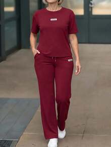 EMERY ROSE Middle-Aged & Elderly Women's Round Neck Short Sleeve Top And Pants Casual Daily Wear Set - Burgundy - View 3