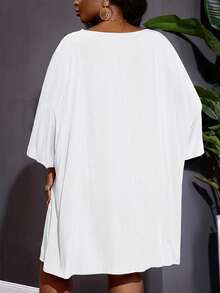 SHEIN CURVE+ Curve 尺码 US22 音乐节、海滨度假、波西米亚风女士度假纯色撞色蕾丝蝙蝠袖连衣裙 - 白色 - 查看 3