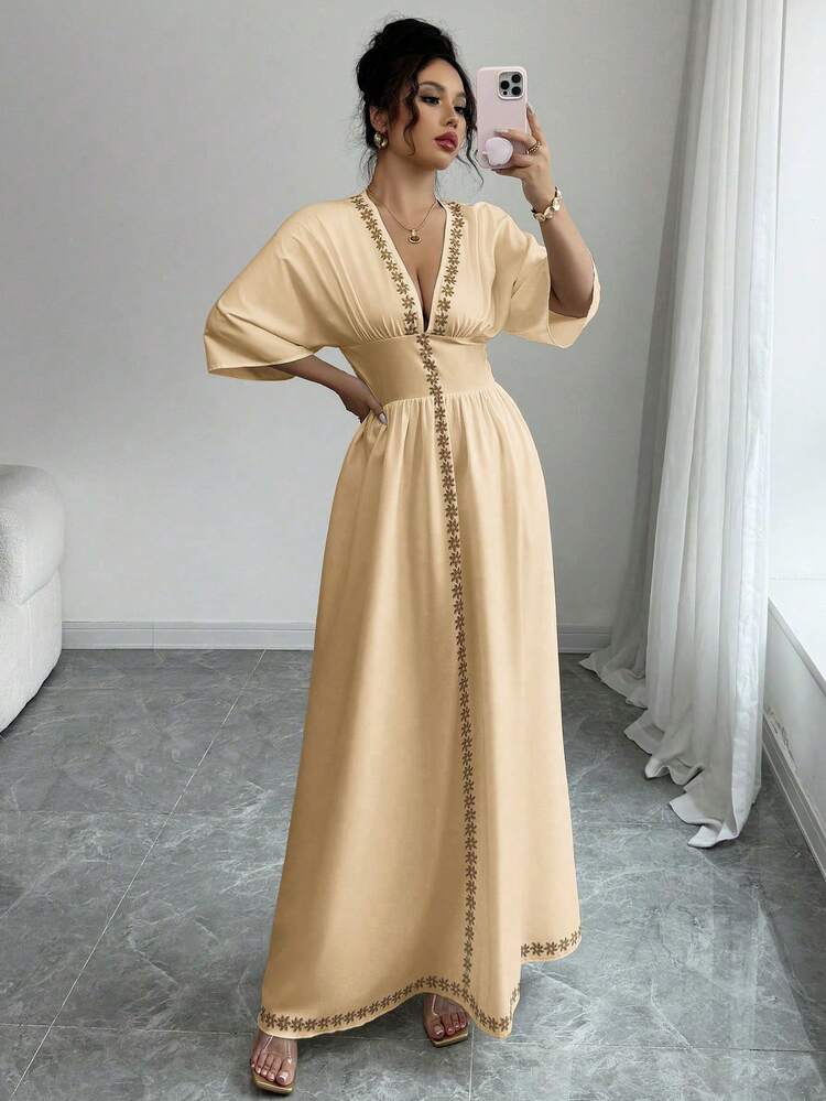 Rafferiza Đầm dự tiệc thanh lịch dành cho nữ, họa tiết hoa Trung Đông, hở lưng, tay lửng. - Màu Khaki - Xem 4