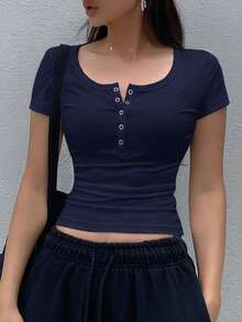 Dazy Star Women's Short Sleeve T-Shirt With Henley Neckline,Crop Tops Women - Navy Blue - View 3