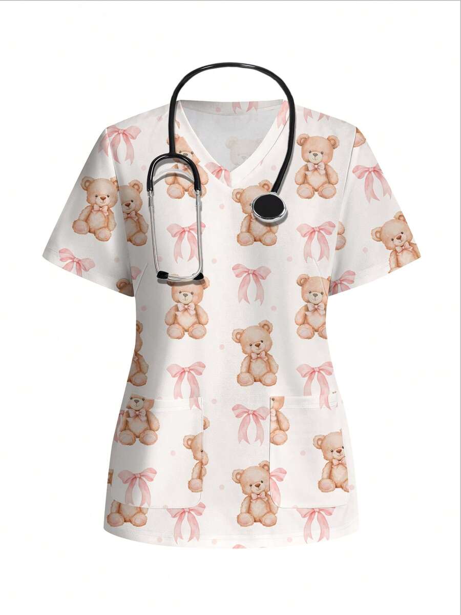 PopScrub White Bear Bow Print Nurse Uniform Top,Chun Li School Work Casual Summer Tops,Minimalist Elegant Fashion V-Neck Scrub Top For Women,Graduation Party - Multicolor - View 1