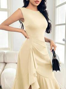 Modelyn 女士纯色荷叶边下摆优雅收腰派对连衣裙 - 黃色 - 查看 3
