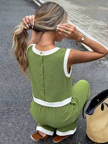 Serisse Women's Summer Casual Vacation & Commute Contrast Trim Cropped Tank Top And Wide Leg Pants 2 Pieces Set - Green - View 3