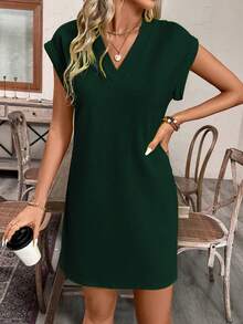 EMERY ROSE Women's Simple Solid Color V-Neck Batwing Sleeve Dress, Summer - Dark Green - View 3