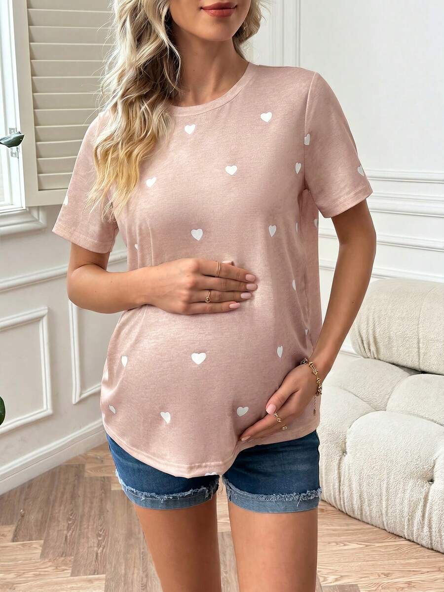 GentleRue Maternity Maternity Heart Print Round Neck Short Sleeve Casual Versatile T-Shirt - Dusty Pink - View 1