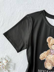 SHEIN 少女睡衣，舒适针织面料，可爱卡通熊印花 - 黑色 - 查看 7