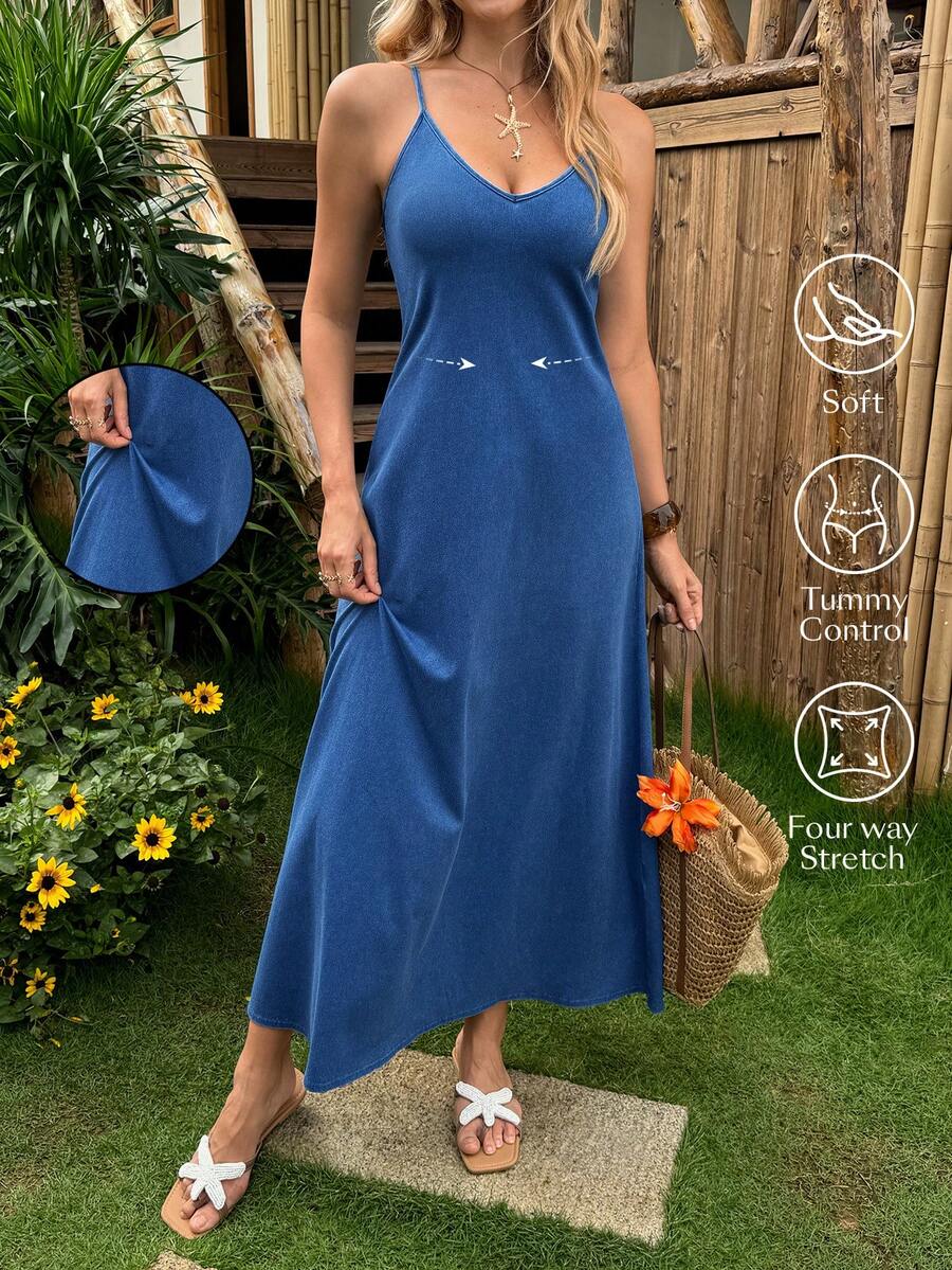 EMERY ROSE Gaun Denim Kasual Rajut Warna Polos untuk Liburan Wanita dengan Tali Bahu - Biru - View 1