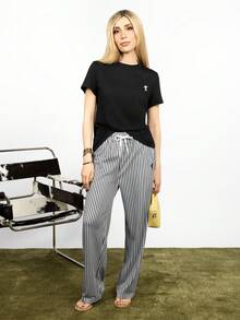 PRISCILA ESCOTO PRISCILA ESCOTO Women's T-Shirt With Drawstring & Striped Shorts, Black & White Horse Logo 2 Pieces Set - Black - View 4