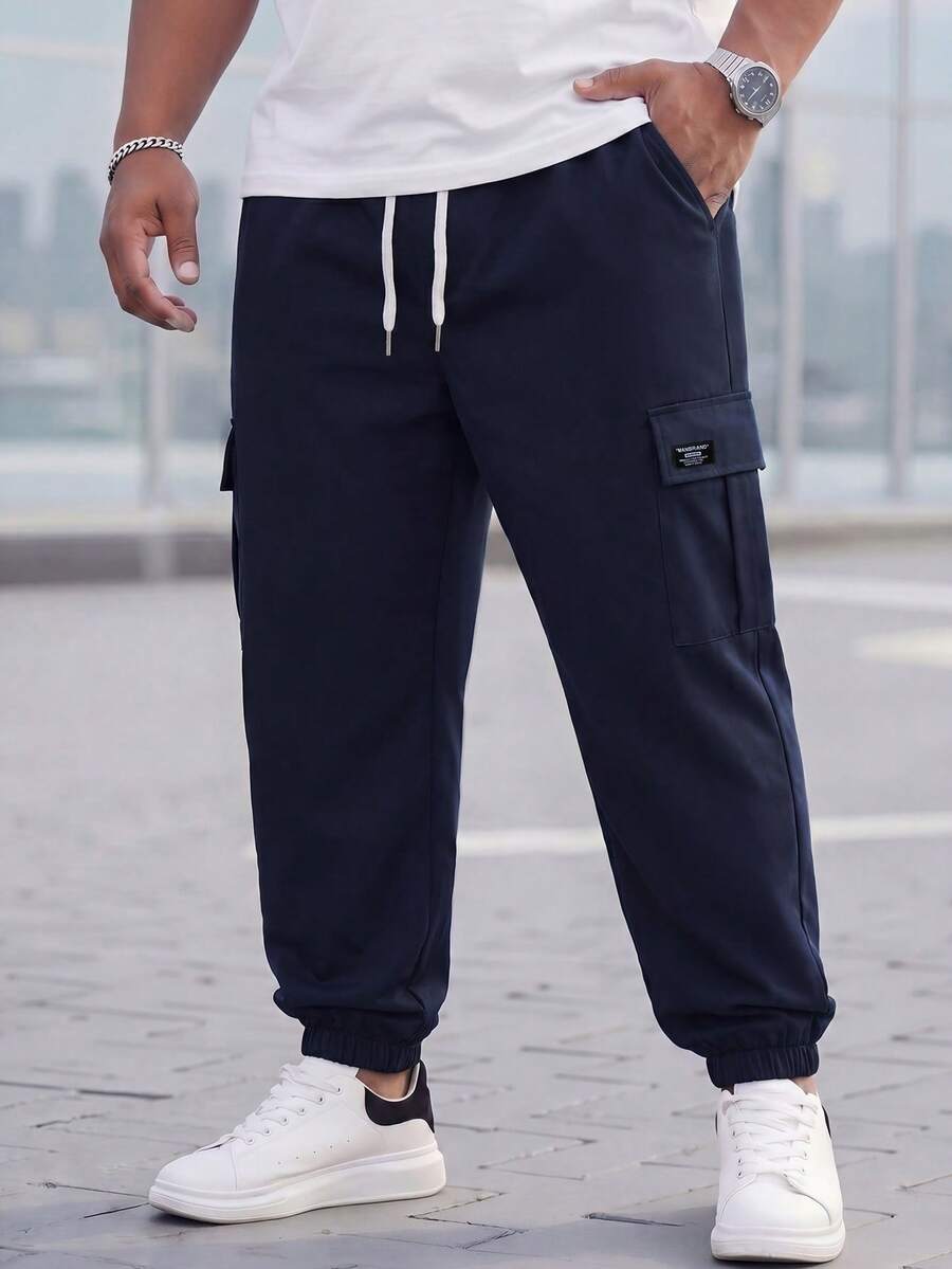Manfinity Homme 男士加大码抽绳腰休闲日常裤 - 藏蓝色 - 查看 1