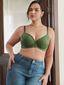 Slumbrini MIMILEMON Green Plus Size Women's Lace Underwire Seamless Lingerie Bra With Full Coverage, Wire-Free Support, Breathable, Daily Wear Seamless Lingerie Bra, Lift - Green - View 3