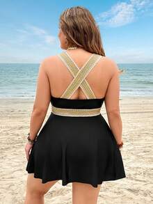 Swim Lushoire Plus Size Women 2pcs Solid Color Strap Patchwork Sexy Beach Beach Vacation Resort Bikini Swimsuit Summer - Black - View 2