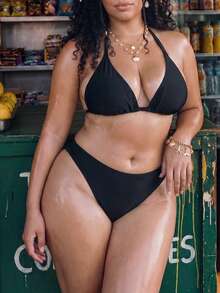 Swim Vcay Plus Size Women's Summer White Bikini Set, Kawaii Classic Halter Neck Triangle Cup Tie-Up Swimwear, Holiday Beach Pool Party Double Fabric - Black - View 5
