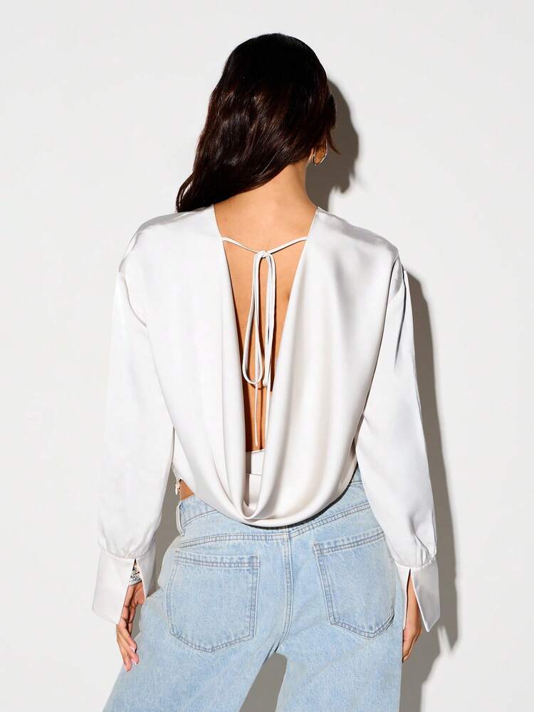 KIZN Cowl Neck Satin Blouse With Open Back Tie Detail