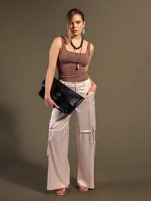 Rouah Women's Solid Color Pocket Button Casual Cargo Pant In Soft Premium Satin, Versatile For Daily Wear - Champagne - View 3