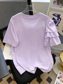 Franclia 大尺碼女款夏季休閒可愛仙氣優雅度假風不對稱花卉3D短袖寬鬆T恤 約會之夜早午餐 粉色花卉 - 淡紫色 - 查看 2