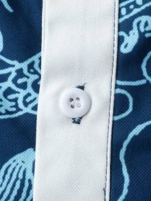 ROMWE MEN Prep Men's Street Graphic Print Polo Shirt, Suitable For Spring And Summer - Blue - View 6