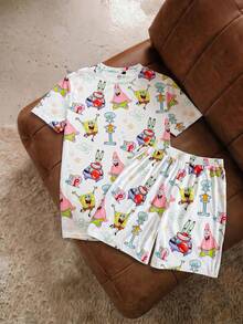 SpongeBob SquarePants | SHEIN Men's Cute Printed Crew Neck Short Sleeve Top And Casual Shorts Pajama Set, - White - View 1
