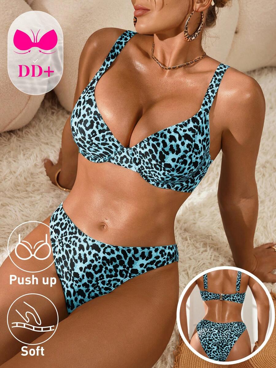 Swim DD+ 26SS 女士春夏沙滩装，豹纹细肩带 DD+ 胸围专属款，聚拢支撑钢圈款式，可拆卸胸垫纯棉性感比基尼套装 - 藍色 - 查看 1