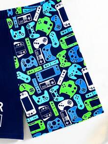 Bañadores para niños talla grande, con estampado de elementos de videojuegos, diseño de patchwork, adecuado para vacaciones, piscina, playa, parque acuático - Azul - Ver 4