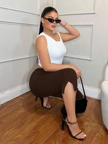 SHEIN SXY 深棕色 97% 棉质开衩七分裤，适合夏季穿着 - 彩色 - 查看 7