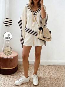SHEIN Holidaya Bộ đồ nữ mùa hè gồm áo cổ chữ V và quần short, phối màu tương phản, tay ngắn, quần short cạp cao co giãn, phong cách thường ngày, rộng rãi, thích hợp cho kỳ nghỉ. - Màu be - Xem 3