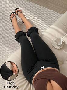 Solflare Quần legging lửng màu đen dáng rộng, bèo nhún, dành cho nữ, cỡ lớn. - màu đen - Xem 1