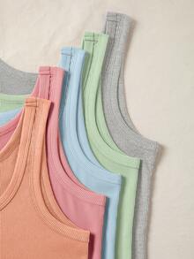 SHEIN LUNE Women's Minimalist Solid Color Round Neck Ribbed Tight Camisole, Summer - Multicolor - View 3