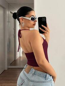 SHEIN ICON Áo không tay màu đỏ tía tối giản, phong cách thường ngày dành cho nữ, thích hợp cho mùa hè. - Màu Đỏ Sâu - Xem 3