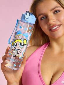 THE POWERPUFF GIRLS X SHEIN 750毫升水瓶，配有硅胶吸管和防漏盖，适合旅行、观光和上学使用，塑料材质。 - 淺藍色 - 查看 2