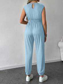SHEIN Pregnant Women's Solid Color V-Neck Sleeveless Casual Jumpsuit, Summer - Baby Blue - View 2