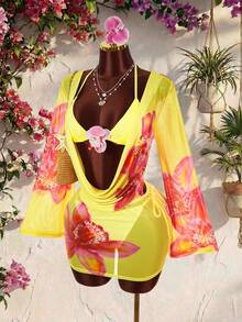 Amplova Women's Floral Print Mesh Avant-Garde Mini Set, Backless Sheer Details, Pastal, Autumn, Casual Sexy, Beach Golf, Holiday Vacation - Yellow - View 16