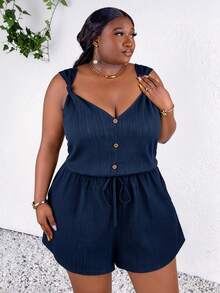 CurvyTilda Mono de mujer talla grande de unicolor con nudo, botones, escote en V y espalda descubierta, verano, para Body de reloj de arena - Azul Marino - Ver 3