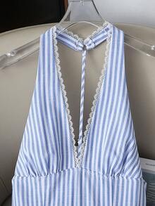 Qadelle Đầm crop top mùa hè gợi cảm, hở lưng, cổ chữ V, không tay, kẻ sọc xanh dương, phối ren, thích hợp cho kỳ nghỉ, đầm hè cho nữ, đầm đi biển, đầm nữ thanh lịch. - Màu xanh lam - Xem 4