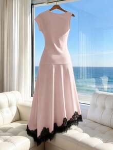 SHEIN Franclia 女款黑色蕾絲抓皺中長洋裝 - 粉色 - 查看 2
