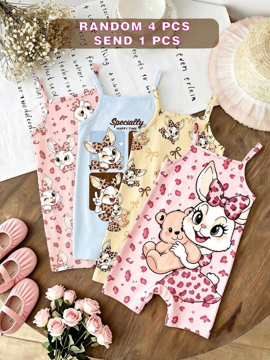 [RANDOM 4 PCS SEND 1 Pc] Pink Summer Cute Baby Girl Casual Strap Romper,Vintage Leopard Bow Cartoon Rabbit Graphic,Family Matching Korean Style Y2K - Multicolor - View 1