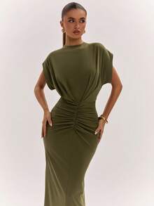 SHEIN BAE 女士舒适百搭褶裥修身连衣裙 - 軍綠色 - 查看 4