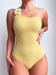 Swim Mod 女款黃色單肩性感海灘度假連身比基尼泳衣，夏季 - 黃色 - 查看 3
