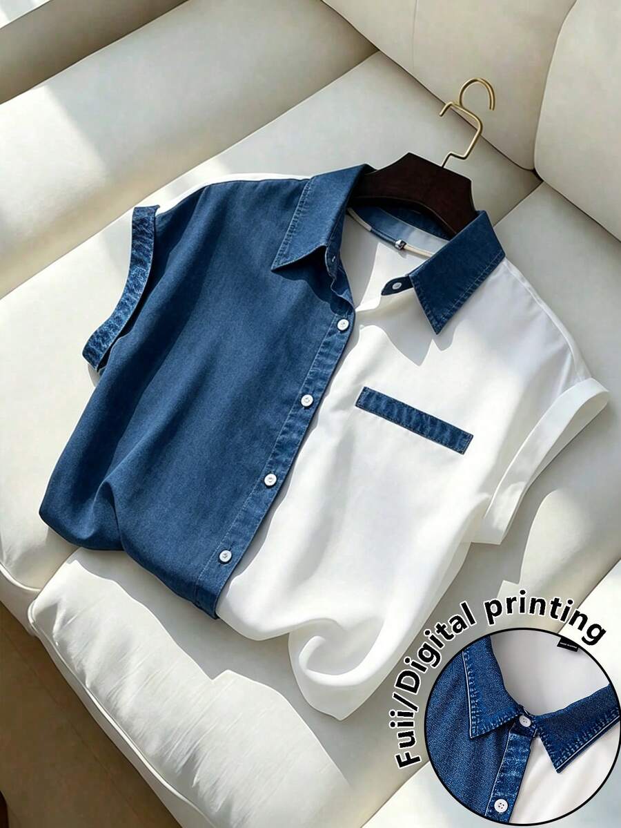 GlowEve CURVE 大码夏季休闲撞色前扣 Polo 衫 - 藍色 - 查看 1