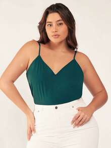 SHEIN BASICS Plus Size Solid Color Minimalist Camisole Top/Summer Cami Tops Green For Woman Women Top Curve Plain - Dark Green - View 5