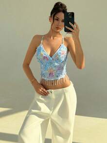 Aloruh Women's Spaghetti Strap V-Neck Fashionable Summer Tassel Decorated Cropped Top,Summer Top - Blue - View 5