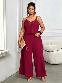 Villa Velisse Plus Size Fashion Casual Lace Camisole + Plus Size Fashion Casual Loose Pants - Red - View 3