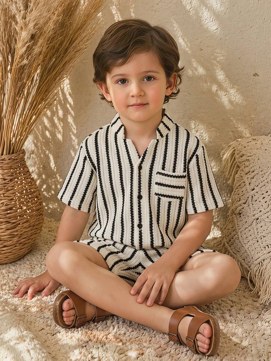 SHEIN 2pcs Young Boys' Spring/Summer Casual Striped Short Sleeve Shirt And Shorts Set, Vacation Style Outfits - Black and White - View 1