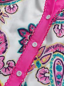 Linhara Plus Size Women's White Summer Boho Vacation Holiday Bohemian Floral Print Contrast Color Lapel Full Button Lace Trim Lantern Sleeve Ruffle Blouse - Hot Pink - View 8