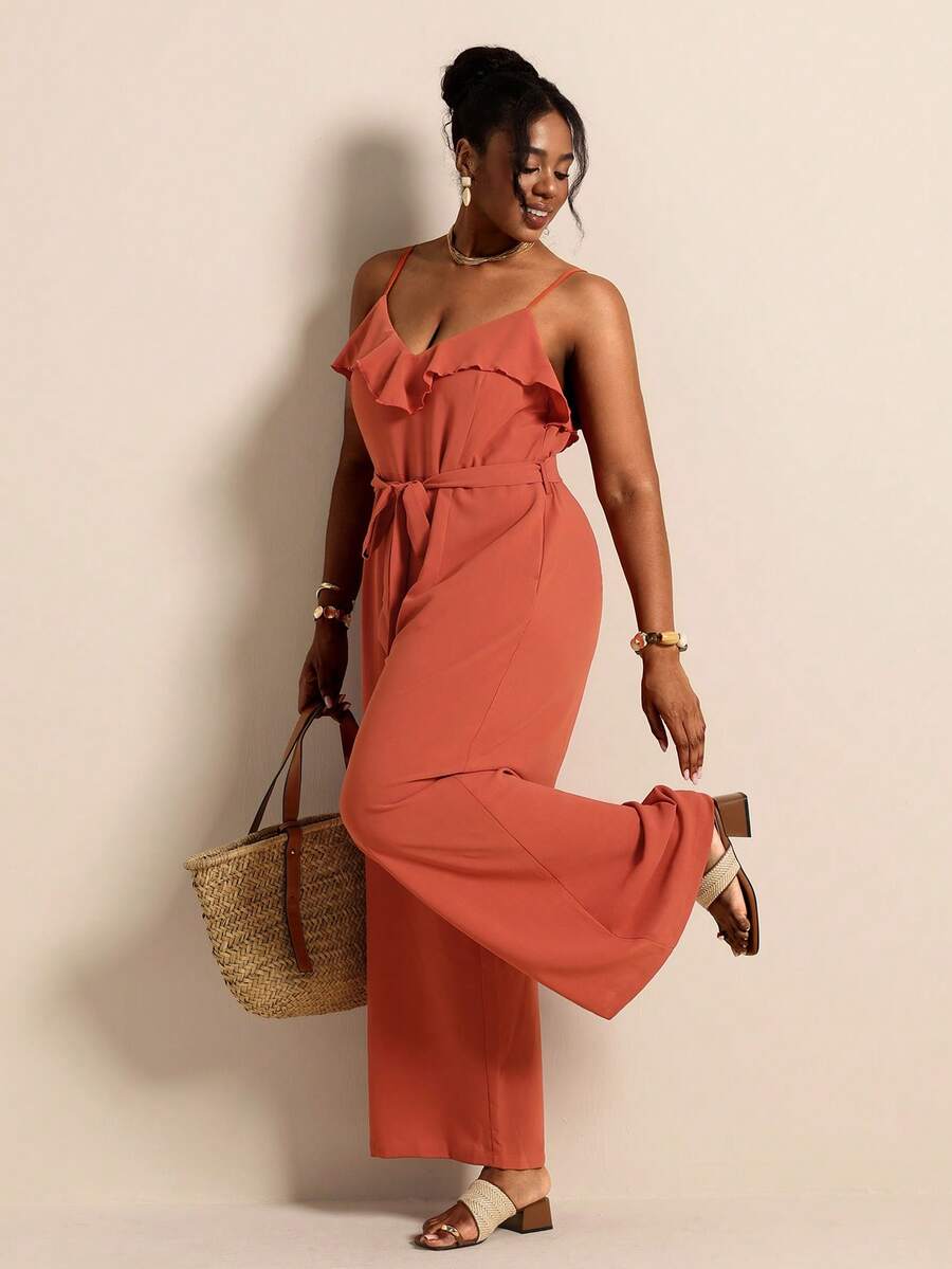 Elaquor Plus Size Solid Color Spaghetti Strap Loose Ruffled Hem Jumpsuit, Summer Casual Vacation Daily Going Out Ruffle Jumpsuit For Women Casual Outfit Women - Coral Orange - View 1