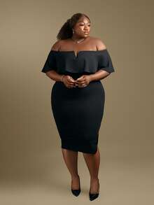 CurvyTilda Plus Size Women Elegant Solid Color Off-Shoulder Dress Spring To Summer Black, For Hourglass Body Shape - Black - View 1