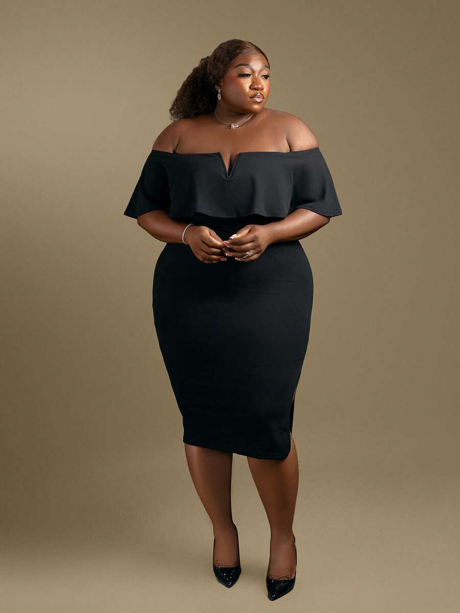 CurvyTilda Plus Size Women Elegant Solid Color Off-Shoulder Dress Spring To Summer Black, For Hourglass Body Shape - Black - View 1