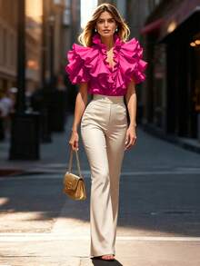 SHEIN Clasi Solid Color Fashionable Ruffle V-Neck Summer Blouse - Hot Pink - View 3