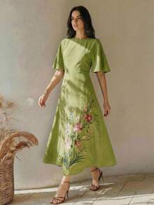 Anewsta 夏季女款圓領短袖重工刺繡綠色長版優雅洋裝，女款優雅洋裝，綠色洋裝 - 綠色 - 查看 7